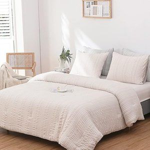 Full Size Comforter Set Khaki, Seersucker Set, Boho Striped Beddings NEW